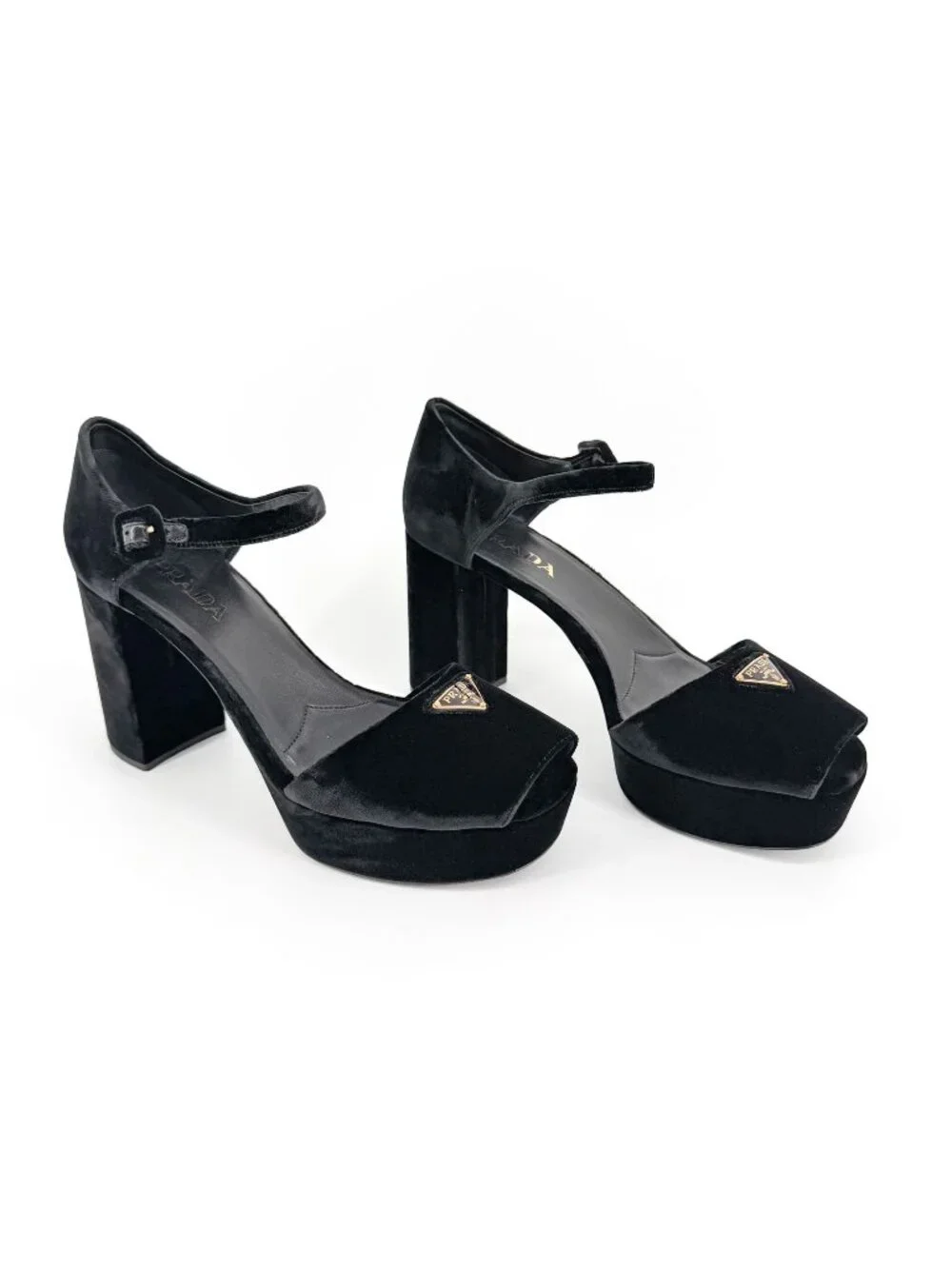 Prada Triangle Logo Platform Pumps Heels Sandals Black Velvet Size 41 US 11